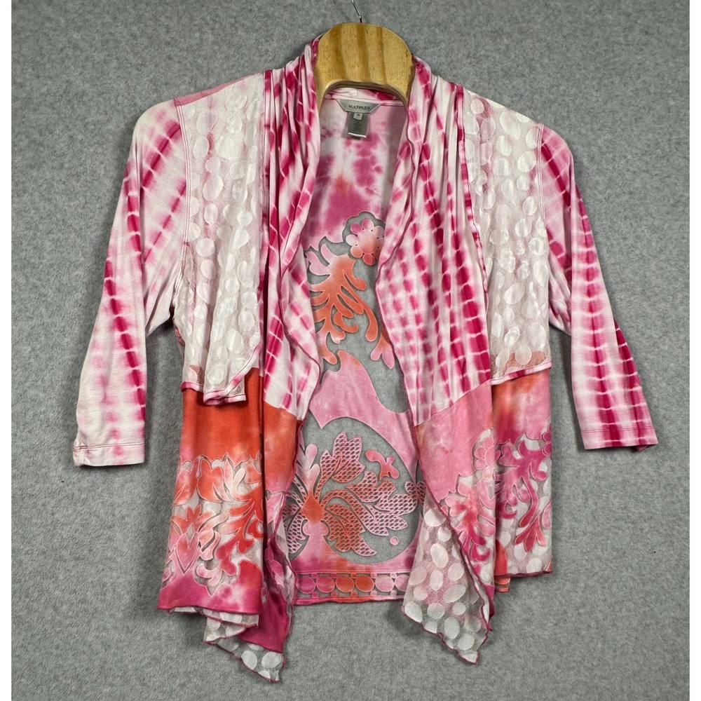 Multiples Cardigan Women 1X Pink Tie Dye Excellent Burnout Lace 3/4 Sleeve Wrap